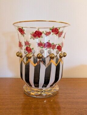 Mackenzie Childs Hand Painted Glass Vase Black White Gold Red Rose Beaded Stripe